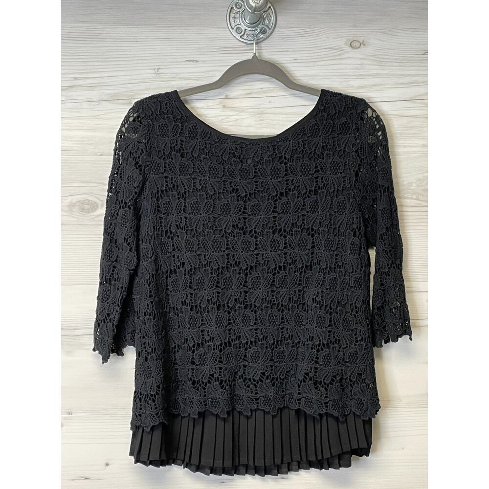 Keren Hart Top‎ Black Crochet Pleated 3/4 Sleeve Layered Womens Size M